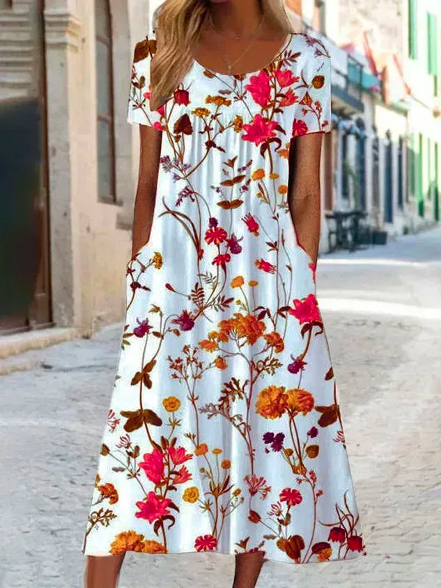 Blumenmuster Midi-Kleid Jersey Rundhals Kurzarm l盲ssiger Stil Noracora