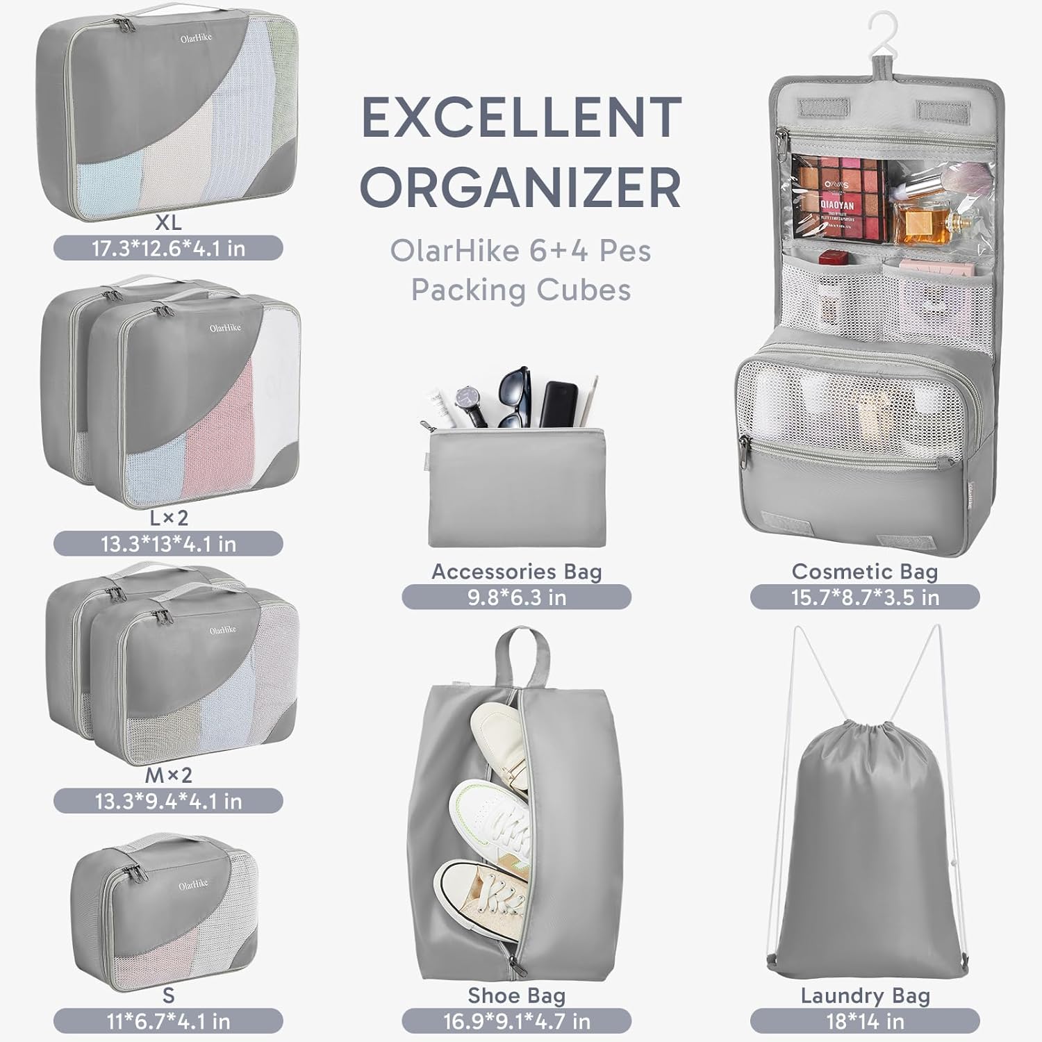 10 Set/8 Set Packing Cubes for Travel, Gifts for Women Mom,Anti-Tearing Suitcase Organizer for Luggage with Shoe & Hanging Toiletry Bag,OlarHike Vacation Essentials & Accessories for Cruise Ship,Cream