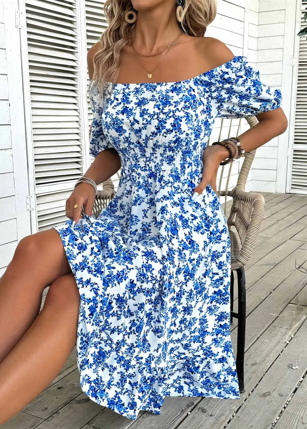 Blue Ditsy Floral Print Short Sleeve Off Shoulder Dress