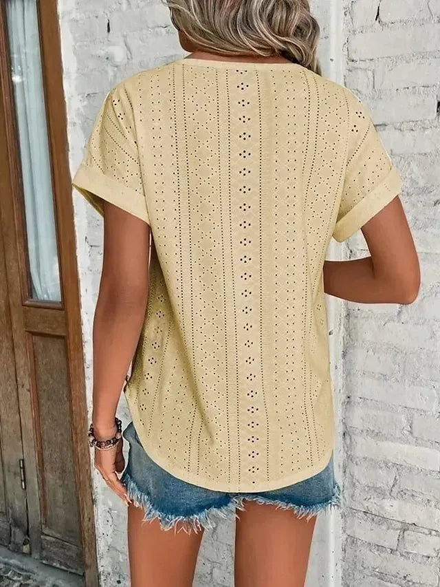 Women's T shirt Tee White Eyelet Tops Light Blue Black White Plain Cut Out Short Sleeve Daily Weekend Basic Round Neck Regular Cotton S