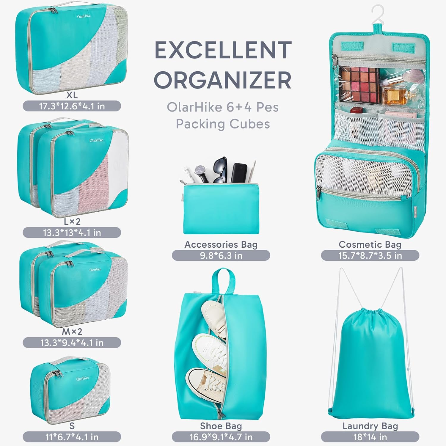 10 Set/8 Set Packing Cubes for Travel, Gifts for Women Mom,Anti-Tearing Suitcase Organizer for Luggage with Shoe & Hanging Toiletry Bag,OlarHike Vacation Essentials & Accessories for Cruise Ship,Cream