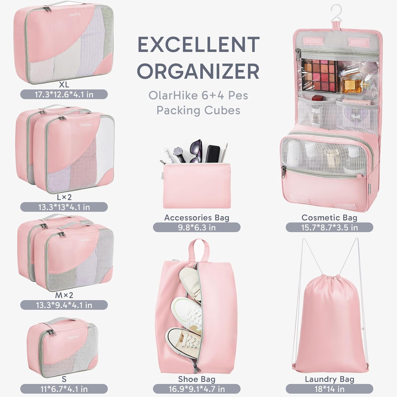 10 Set/8 Set Packing Cubes for Travel, Gifts for Women Mom,Anti-Tearing Suitcase Organizer for Luggage with Shoe & Hanging Toiletry Bag,OlarHike Vacation Essentials & Accessories for Cruise Ship,Cream