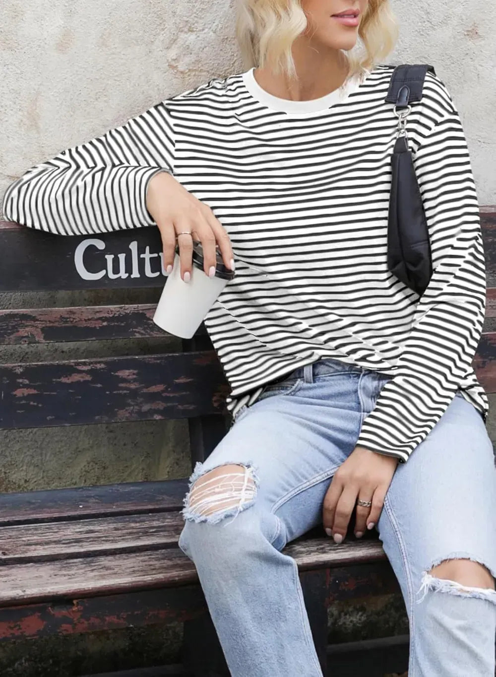 Dokotoo Women's Casual Striped Long Sleeve Tops Crew Neck Knit Ribbed Basic T Shirts