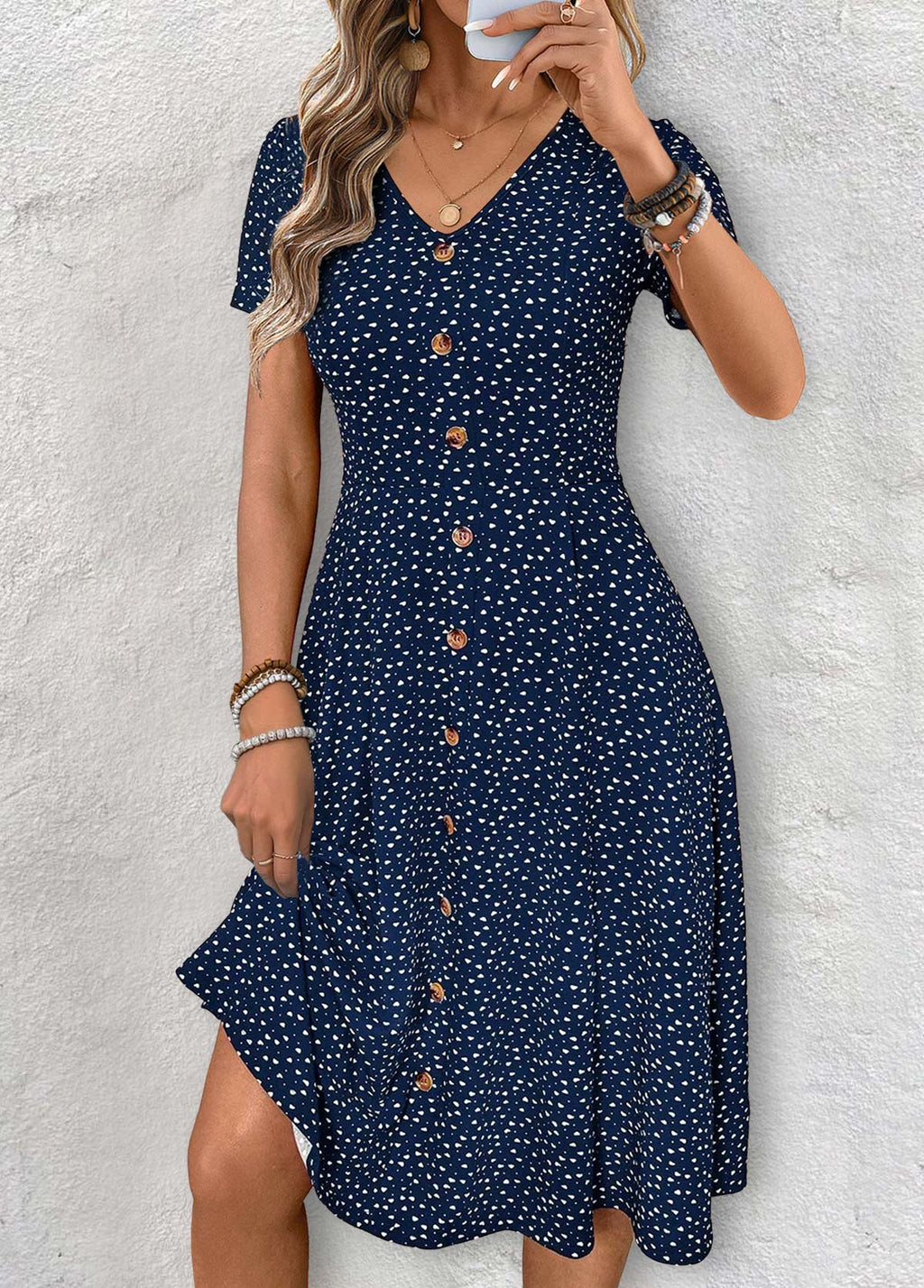 Navy Polka Dot Short Sleeve V Neck Dress
