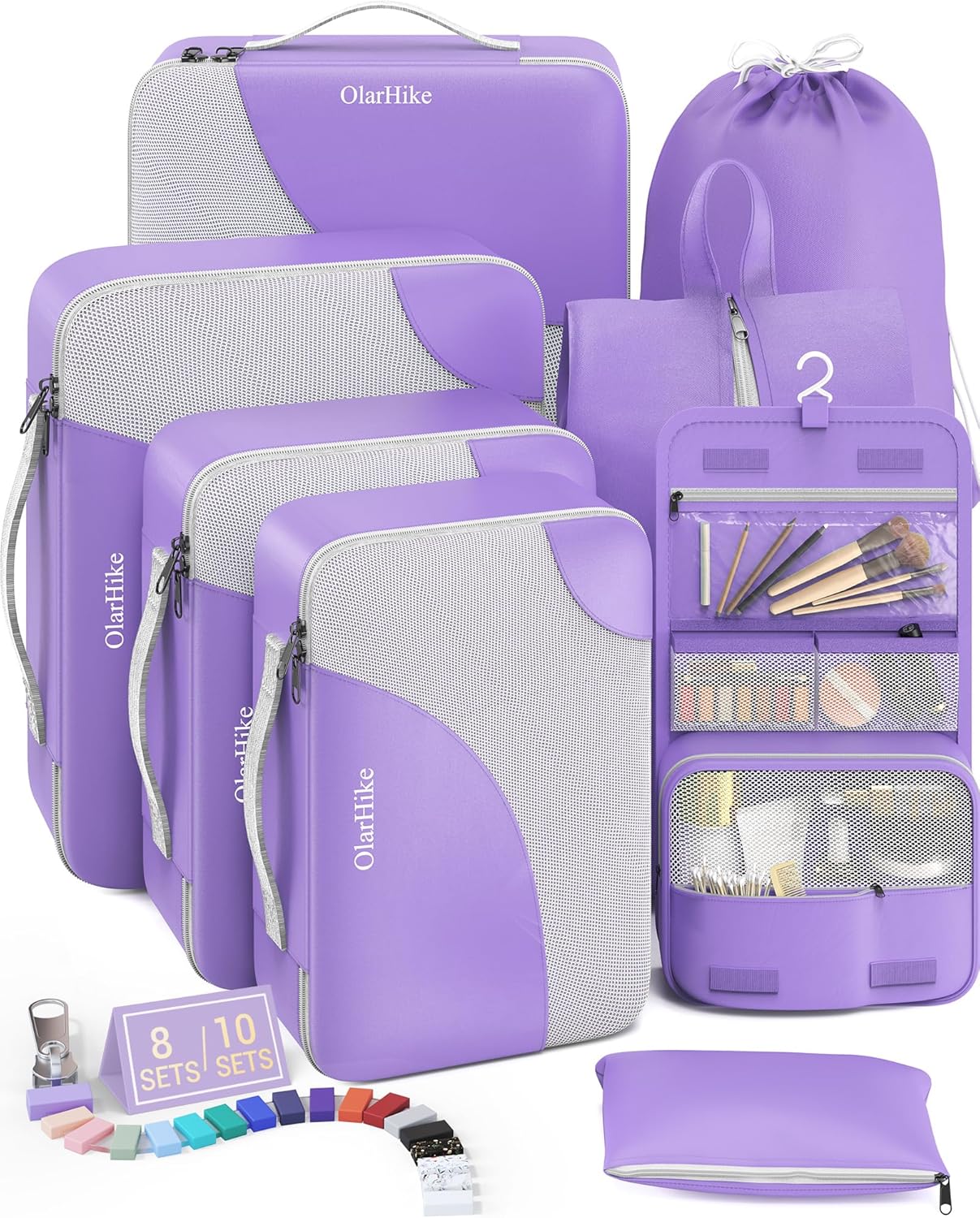 10 Set/8 Set Packing Cubes for Travel, Gifts for Women Mom,Anti-Tearing Suitcase Organizer for Luggage with Shoe & Hanging Toiletry Bag,OlarHike Vacation Essentials & Accessories for Cruise Ship,Cream