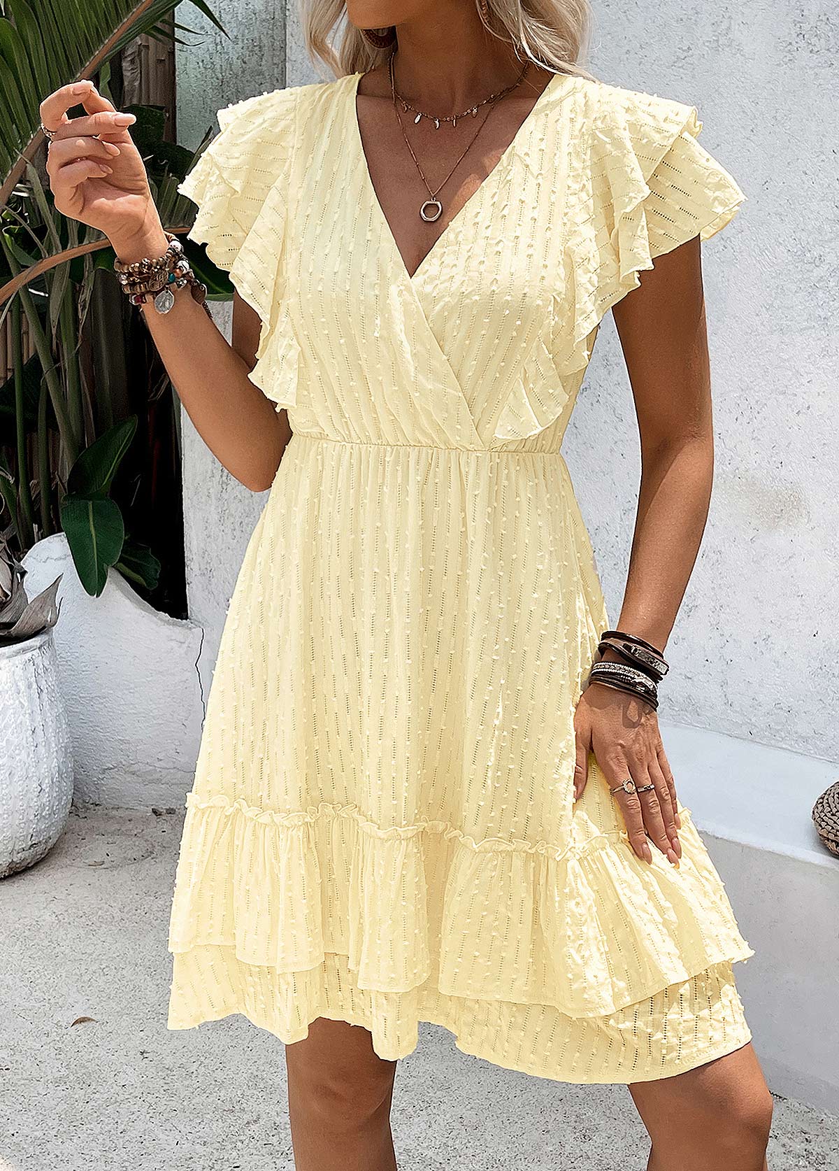 Light Yellow Short V Neck Dress