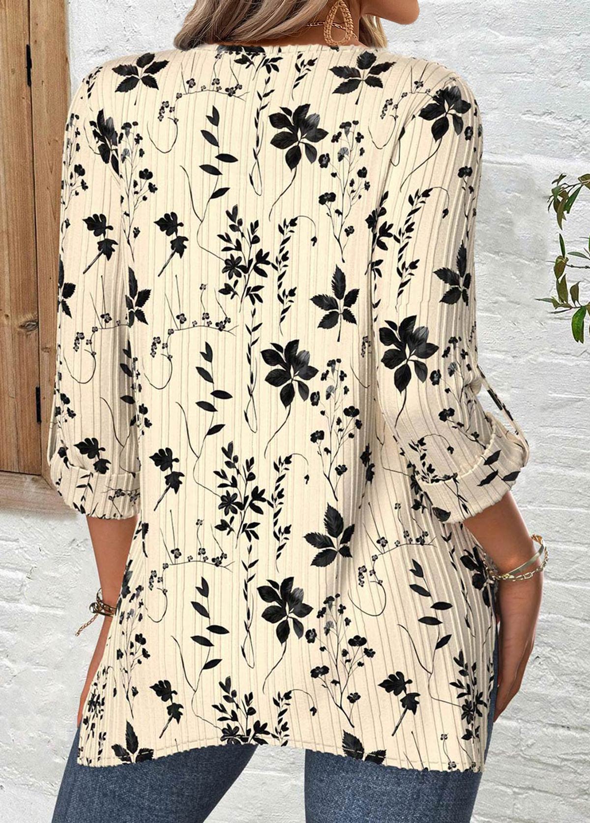 Beige Floral Print Long Sleeve Round Neck Blouse