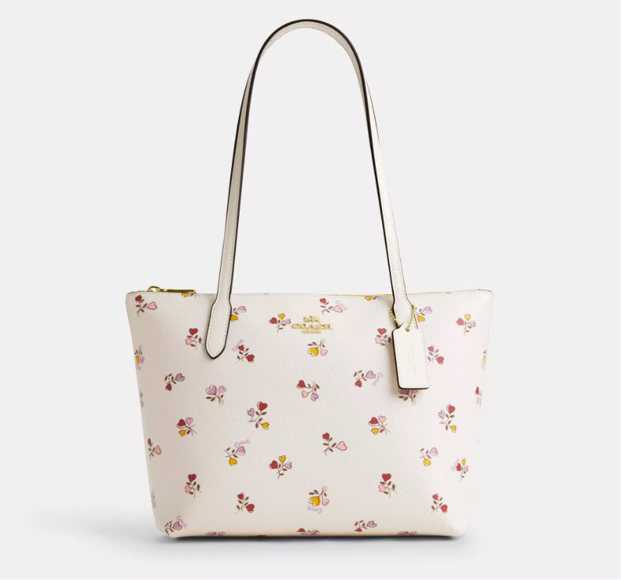 Coach Fiona Zip Tote Bag with Floral Print In Gold Chalk Multi