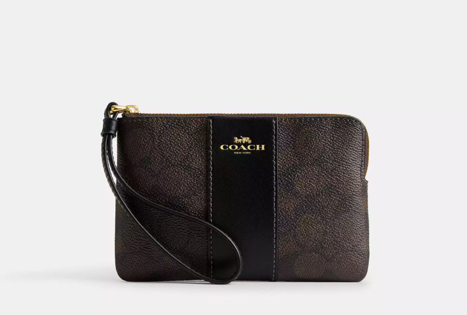 Coach Signature Canvas & Leather Corner Zip Wristlet Wallet Walnut/Black