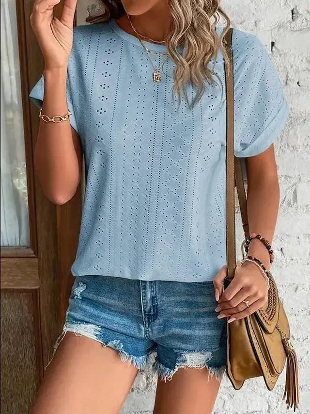 Women's T shirt Tee White Eyelet Tops Light Blue Black White Plain Cut Out Short Sleeve Daily Weekend Basic Round Neck Regular Cotton S