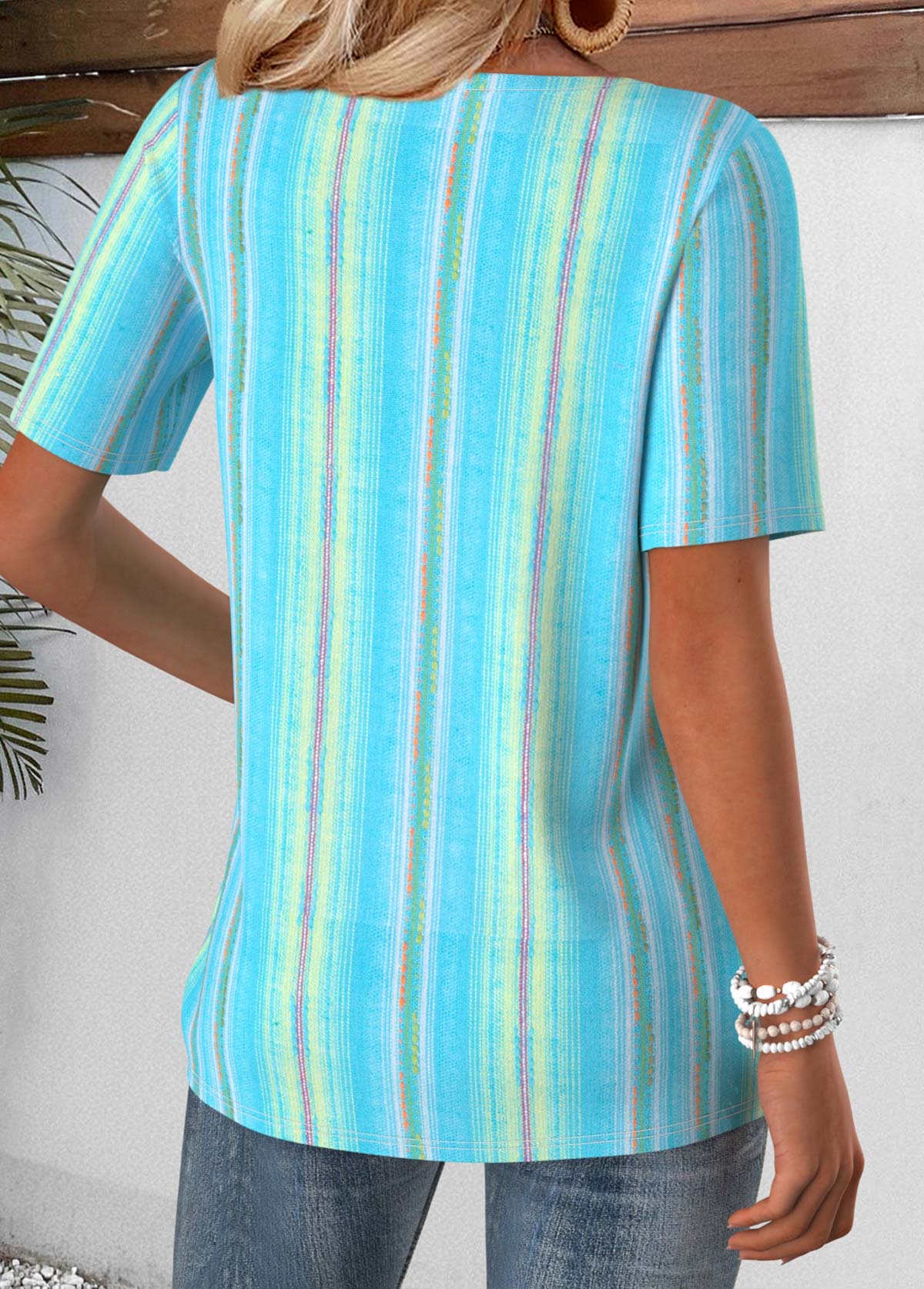 Blue Geometric Print Short Sleeve Split Neck T Shirt