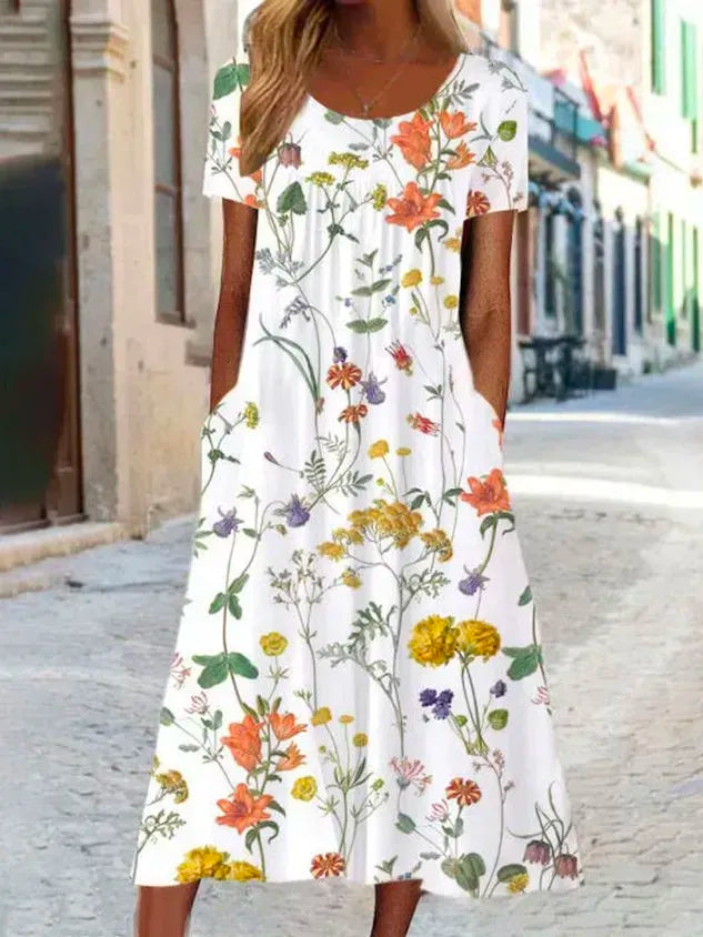 Blumenmuster Midi-Kleid Jersey Rundhals Kurzarm l盲ssiger Stil Noracora