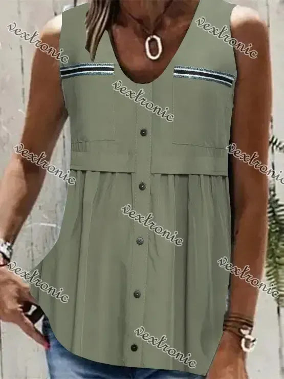 Women Sleeveless V-neck Button Stitching Solid Top