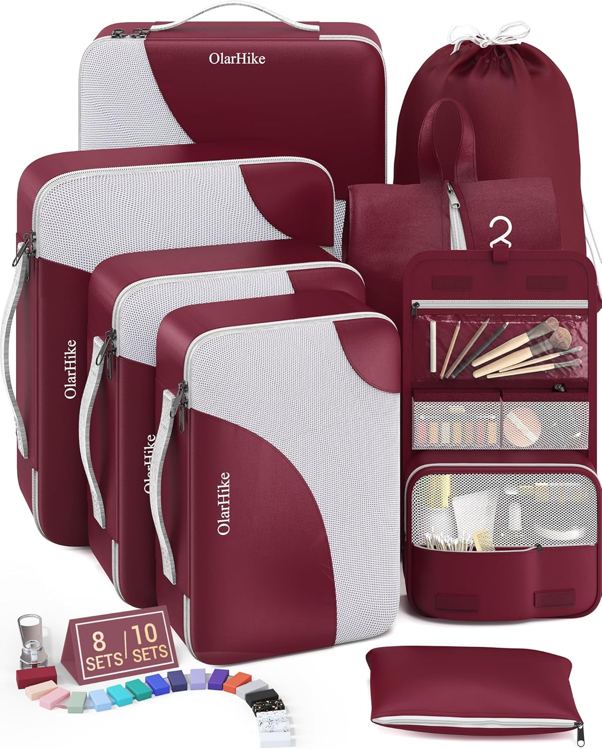 10 Set/8 Set Packing Cubes for Travel, Gifts for Women Mom,Anti-Tearing Suitcase Organizer for Luggage with Shoe & Hanging Toiletry Bag,OlarHike Vacation Essentials & Accessories for Cruise Ship,Cream