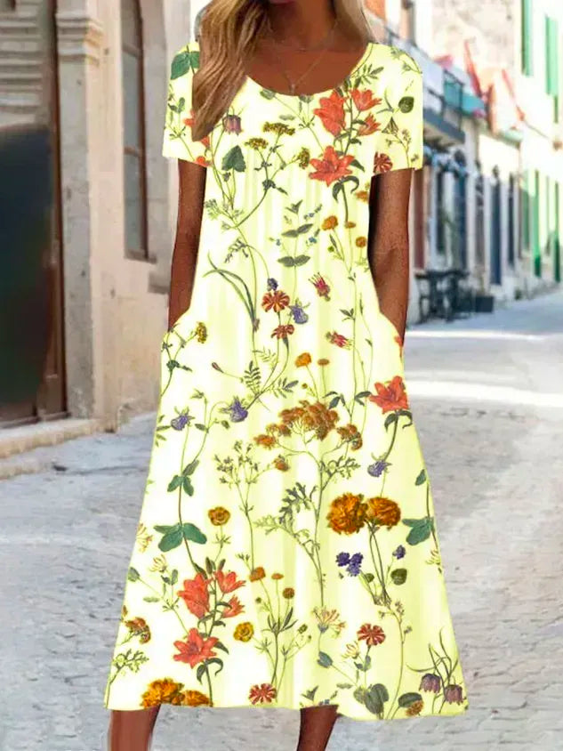Blumenmuster Midi-Kleid Jersey Rundhals Kurzarm l盲ssiger Stil Noracora