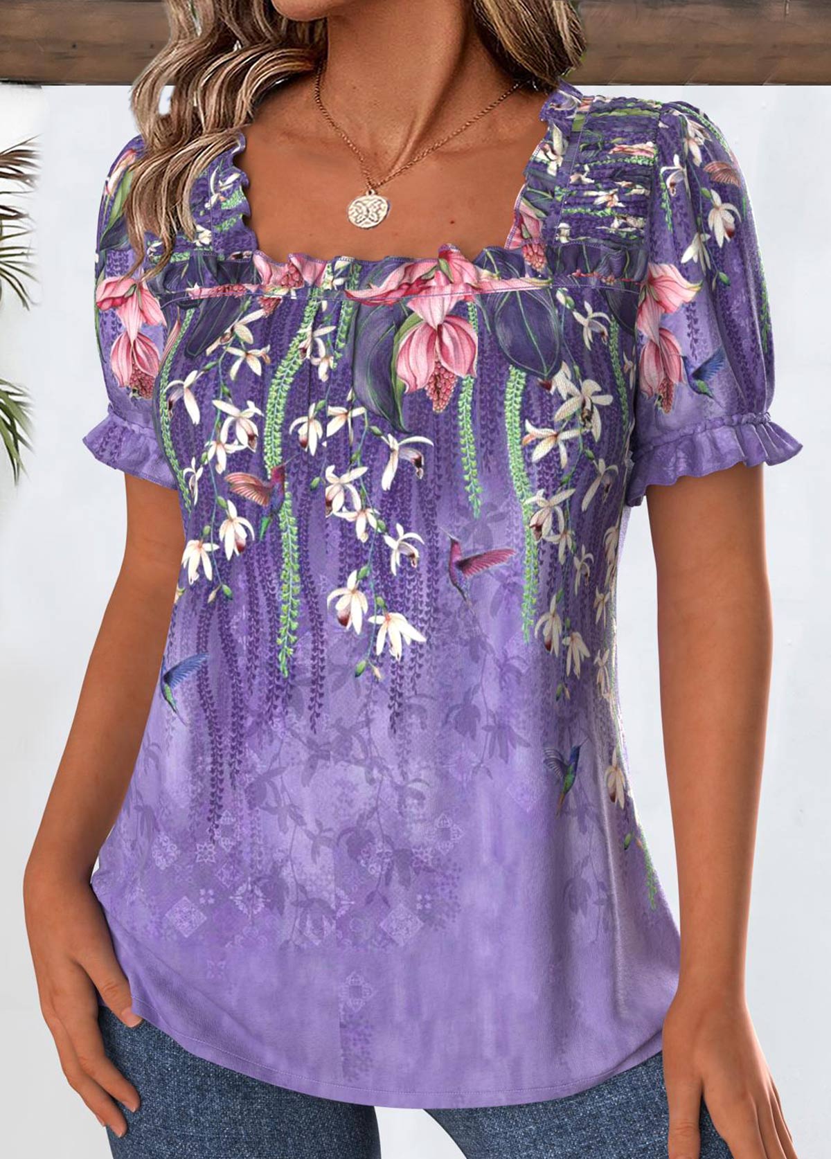 Purple Floral Print Short Sleeve Square Neck Blouse