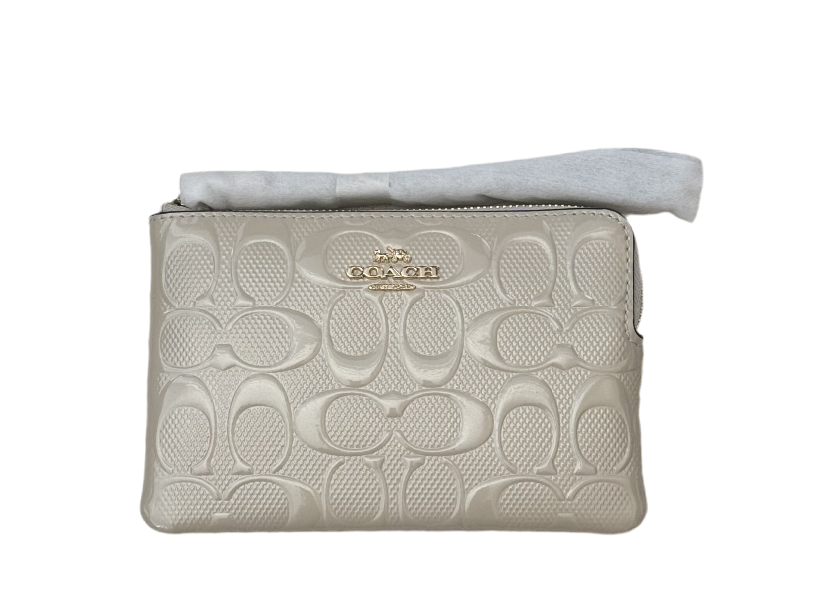 Coach Corner Zip Wristlet Wallet In Signature Patent Leather In Ivory