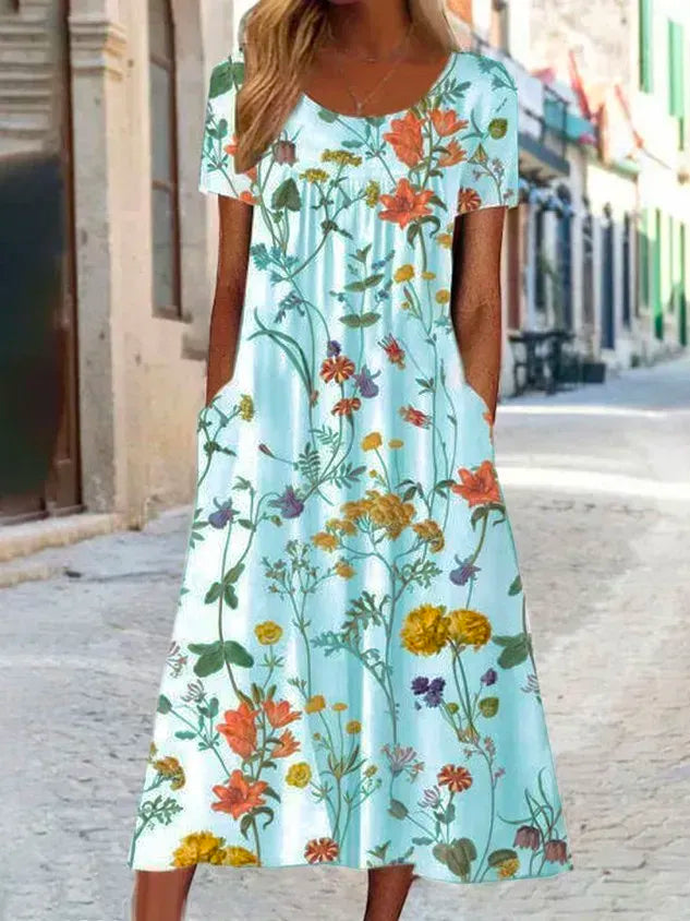 Blumenmuster Midi-Kleid Jersey Rundhals Kurzarm l盲ssiger Stil Noracora