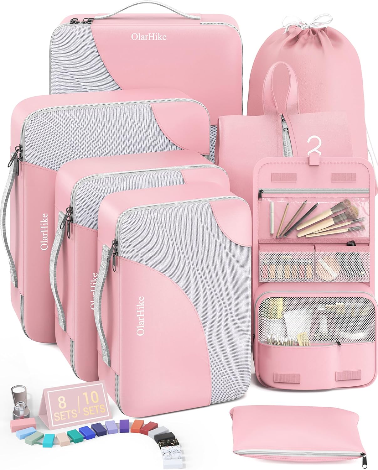 10 Set/8 Set Packing Cubes for Travel, Gifts for Women Mom,Anti-Tearing Suitcase Organizer for Luggage with Shoe & Hanging Toiletry Bag,OlarHike Vacation Essentials & Accessories for Cruise Ship,Cream