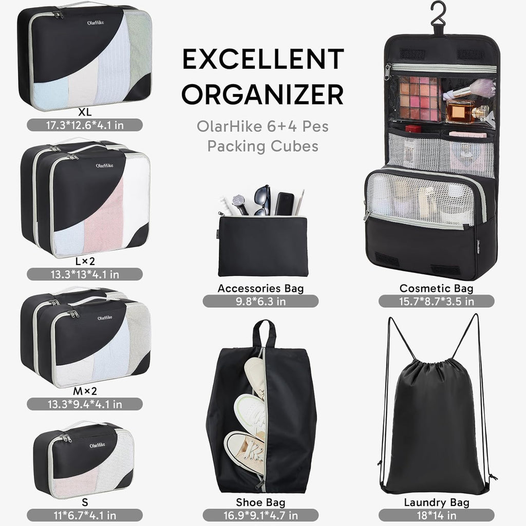 10 Set/8 Set Packing Cubes for Travel, Gifts for Women Mom,Anti-Tearing Suitcase Organizer for Luggage with Shoe & Hanging Toiletry Bag,OlarHike Vacation Essentials & Accessories for Cruise Ship,Cream