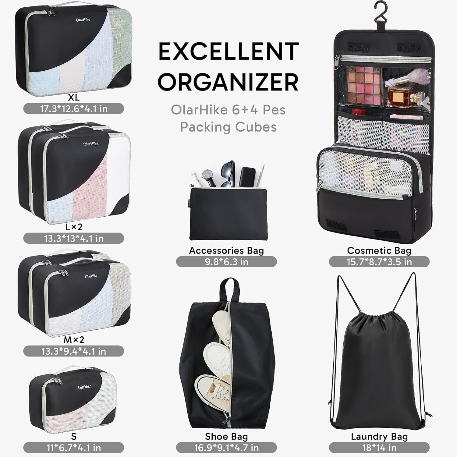 10 Set/8 Set Packing Cubes for Travel, Gifts for Women Mom,Anti-Tearing Suitcase Organizer for Luggage with Shoe & Hanging Toiletry Bag,OlarHike Vacation Essentials & Accessories for Cruise Ship,Cream