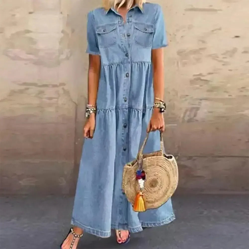 Light Double Pocket Button Front Maxi Dress