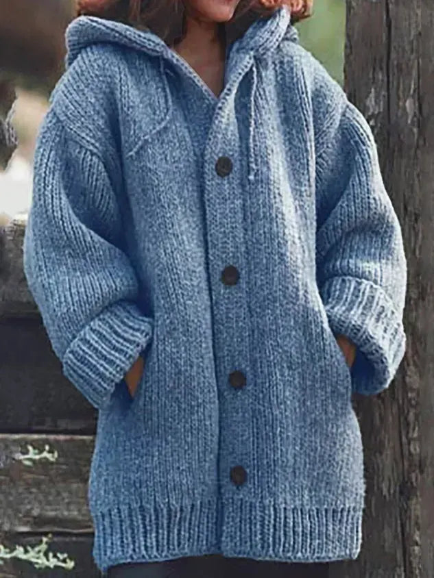 Button Down Hooded Knitted Cardigan Plus Size Knit coat For Women