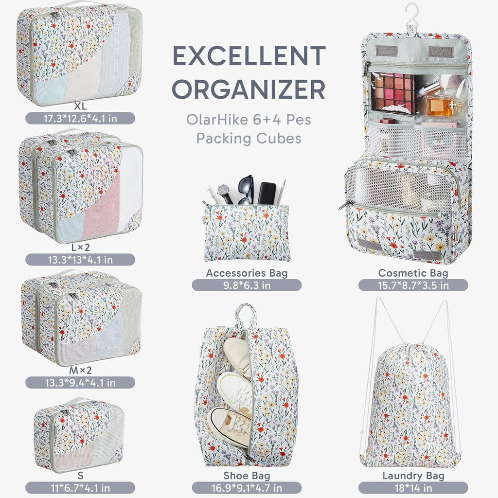 10 Set/8 Set Packing Cubes for Travel, Gifts for Women Mom,Anti-Tearing Suitcase Organizer for Luggage with Shoe & Hanging Toiletry Bag,OlarHike Vacation Essentials & Accessories for Cruise Ship,Cream