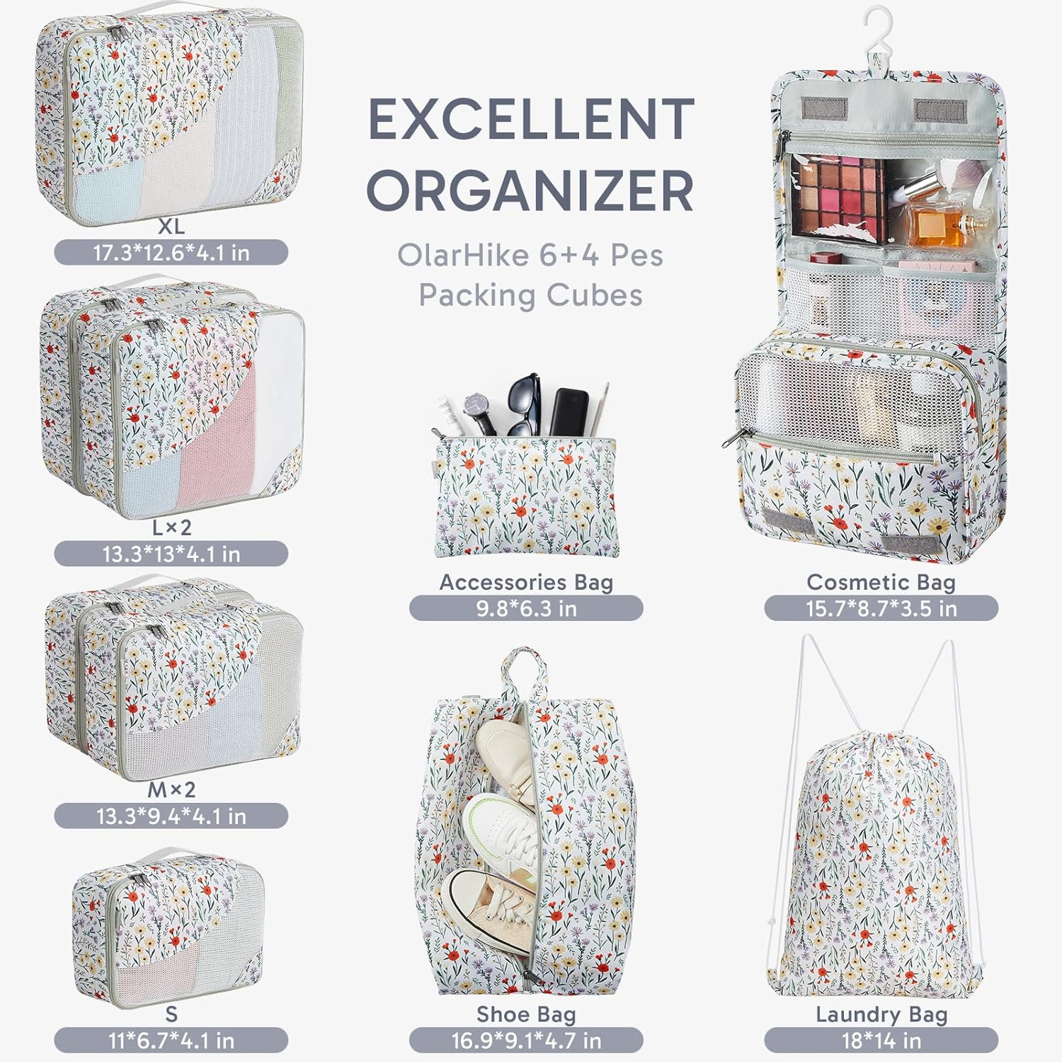 10 Set/8 Set Packing Cubes for Travel, Gifts for Women Mom,Anti-Tearing Suitcase Organizer for Luggage with Shoe & Hanging Toiletry Bag,OlarHike Vacation Essentials & Accessories for Cruise Ship,Cream