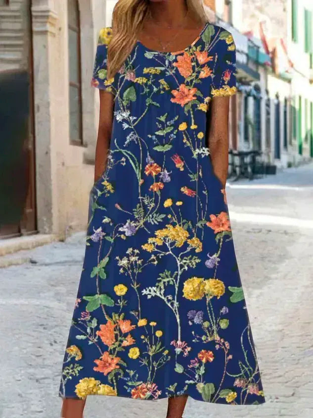 Blumenmuster Midi-Kleid Jersey Rundhals Kurzarm l盲ssiger Stil Noracora