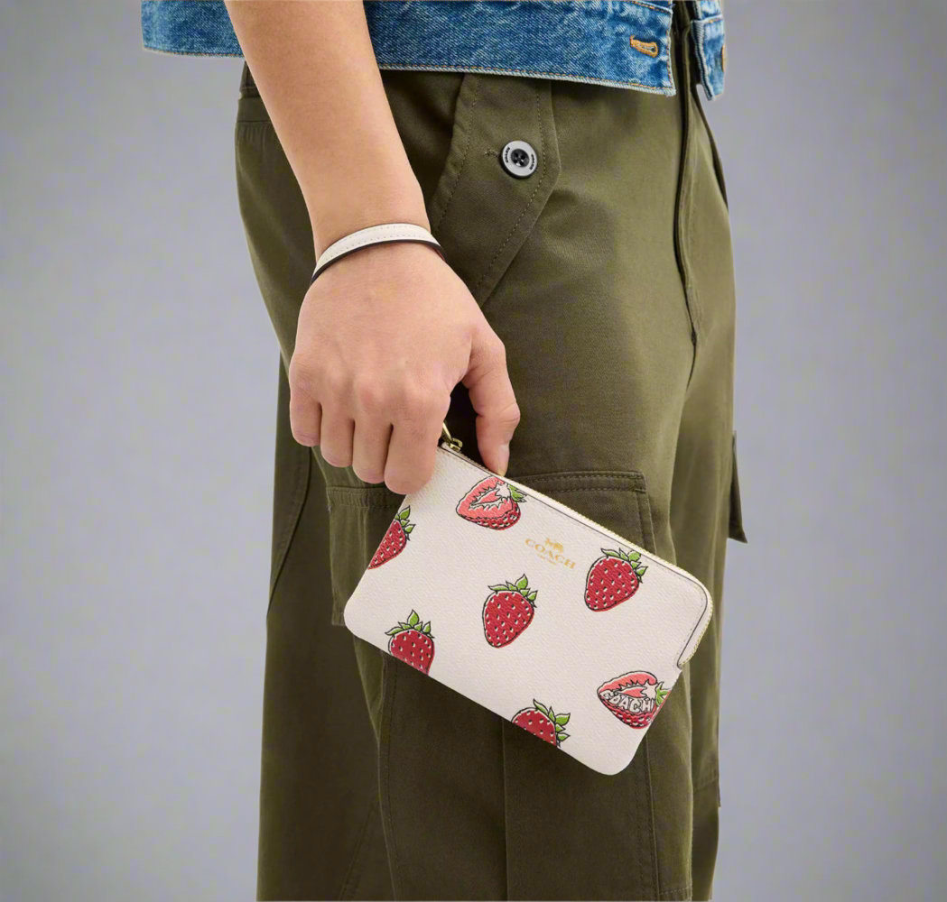 Coach Corner Zip Wristlet With Strawberry Print