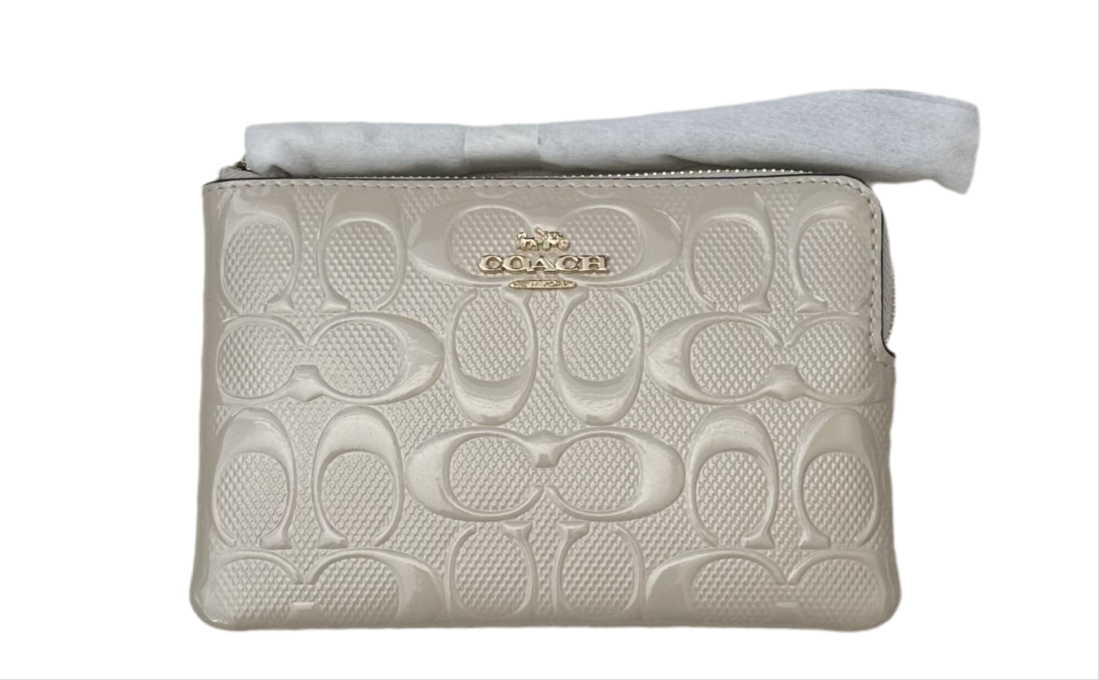 Coach Corner Zip Wristlet Wallet In Signature Patent Leather In Ivory
