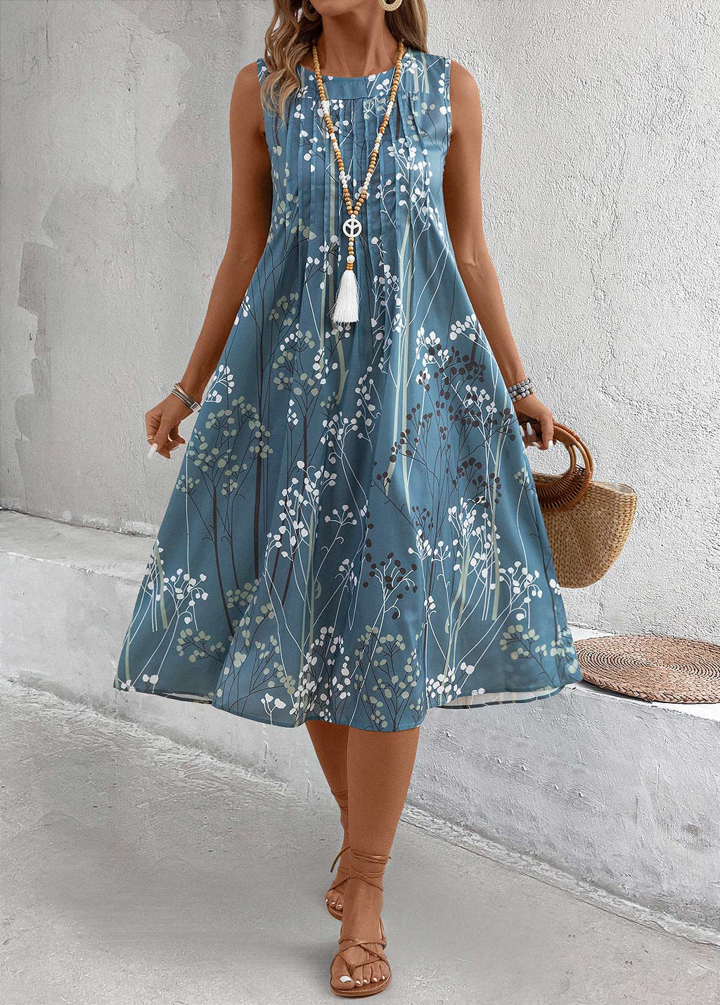 Dusty Blue Plants Print A Line Sleeveless Dress
