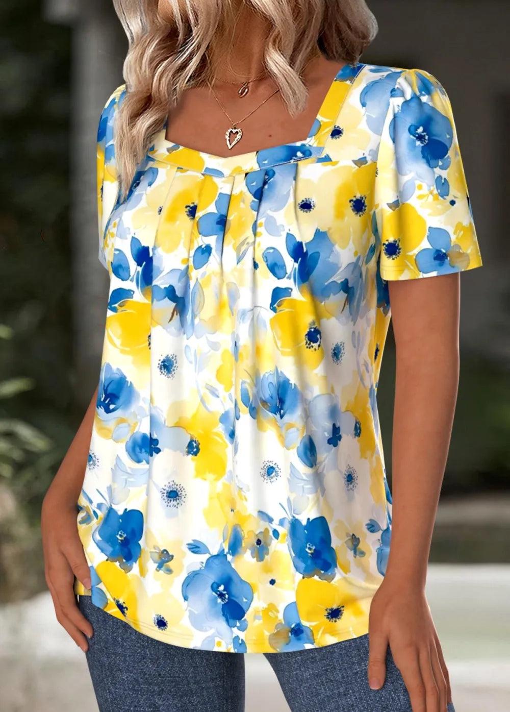 Blue Floral Print Short Sleeve Square Neck T Shirt