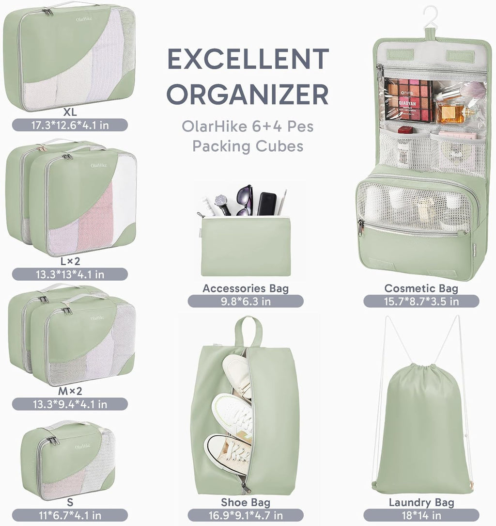10 Set/8 Set Packing Cubes for Travel, Gifts for Women Mom,Anti-Tearing Suitcase Organizer for Luggage with Shoe & Hanging Toiletry Bag,OlarHike Vacation Essentials & Accessories for Cruise Ship,Cream