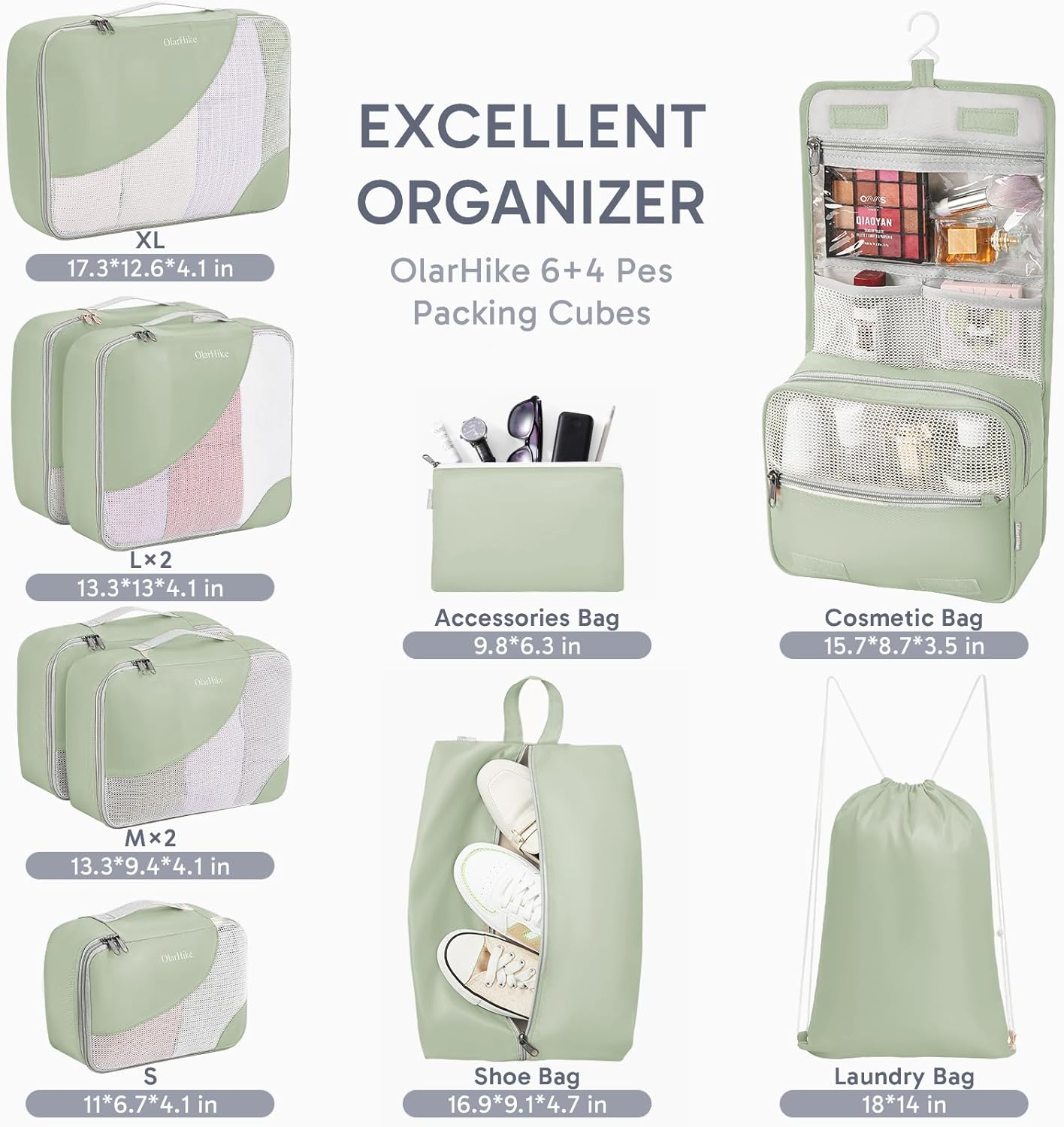 10 Set/8 Set Packing Cubes for Travel, Gifts for Women Mom,Anti-Tearing Suitcase Organizer for Luggage with Shoe & Hanging Toiletry Bag,OlarHike Vacation Essentials & Accessories for Cruise Ship,Cream