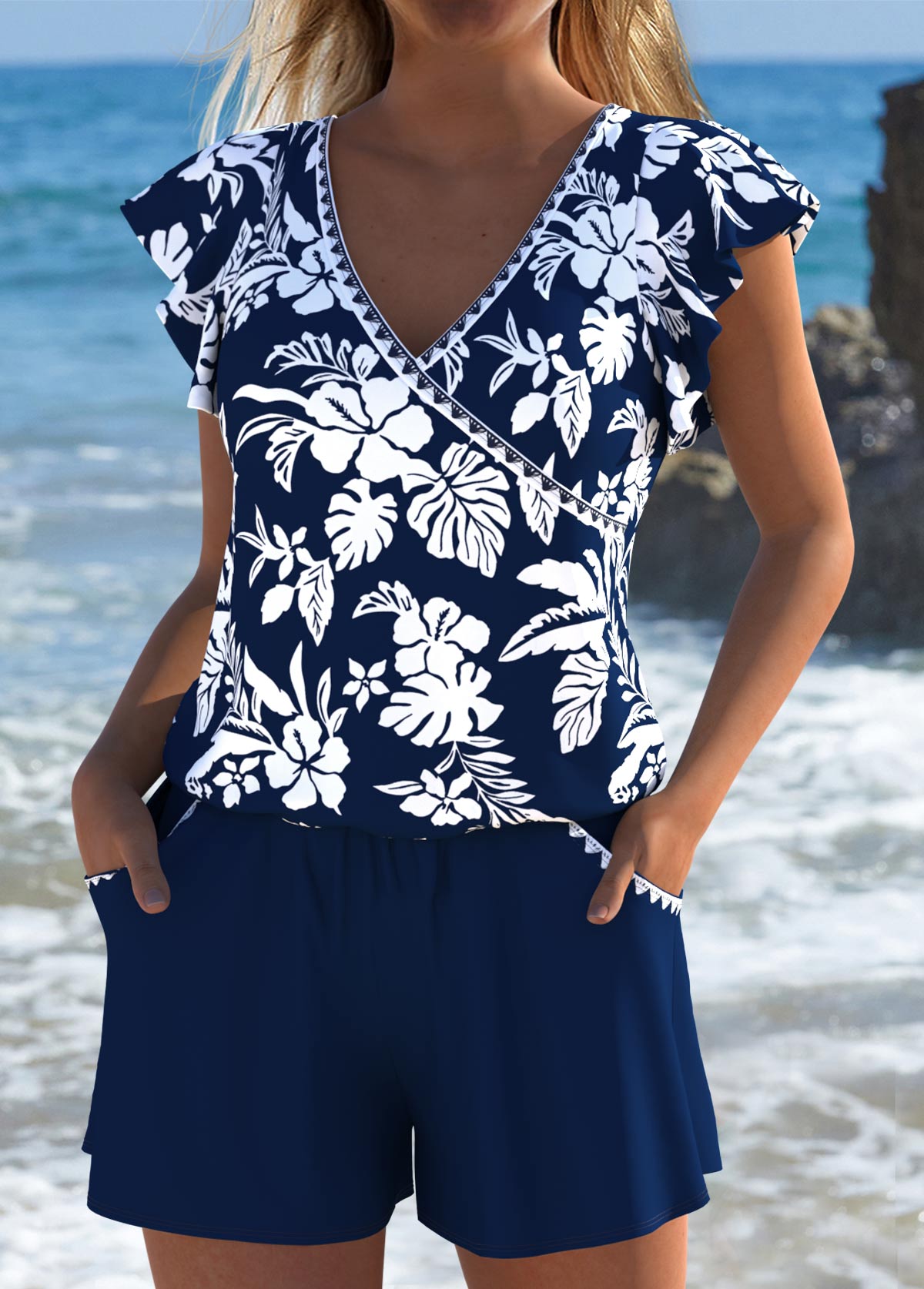 Floral Print Navy One Piece Swimwear