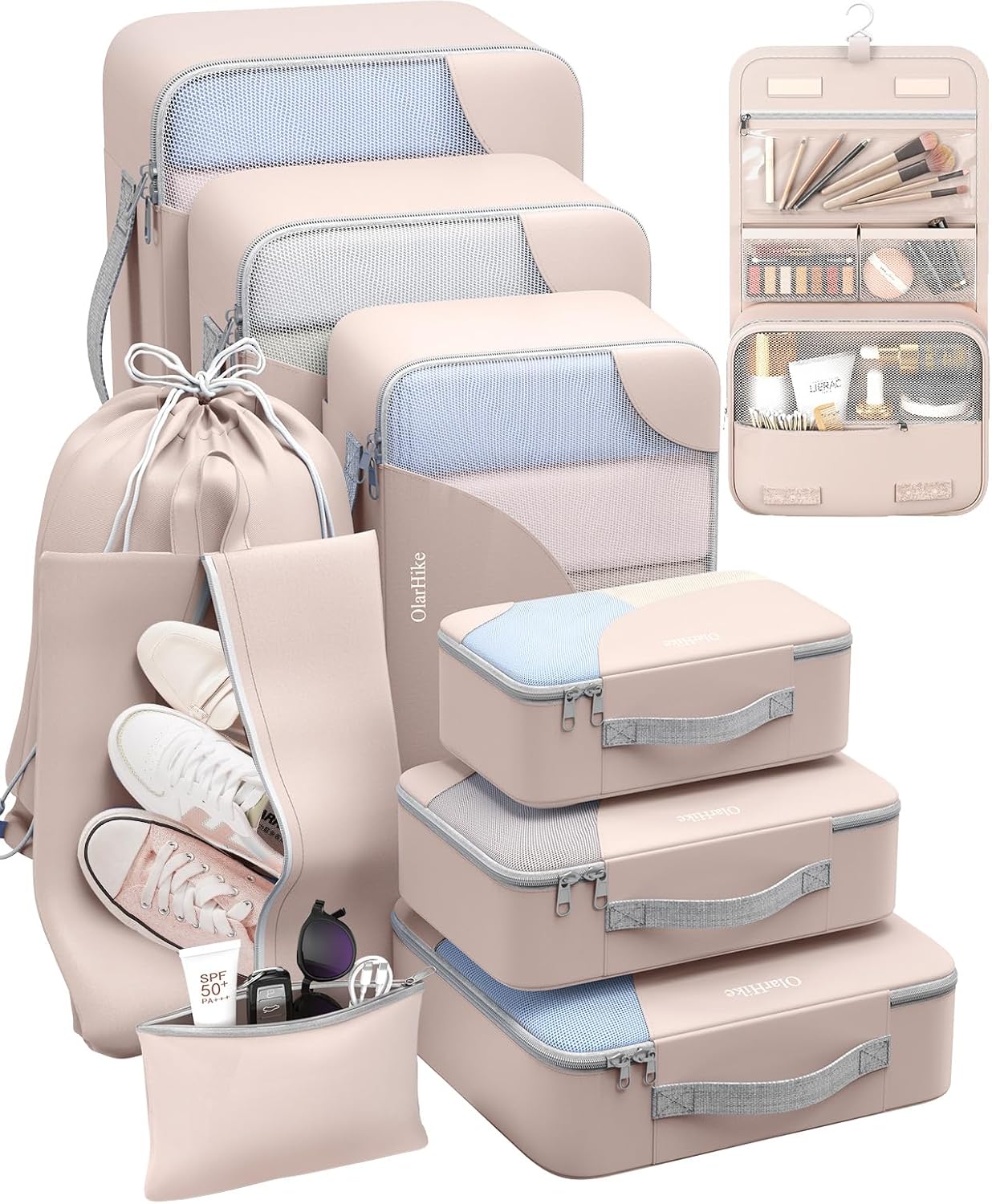 10 Set/8 Set Packing Cubes for Travel, Gifts for Women Mom,Anti-Tearing Suitcase Organizer for Luggage with Shoe & Hanging Toiletry Bag,OlarHike Vacation Essentials & Accessories for Cruise Ship,Cream