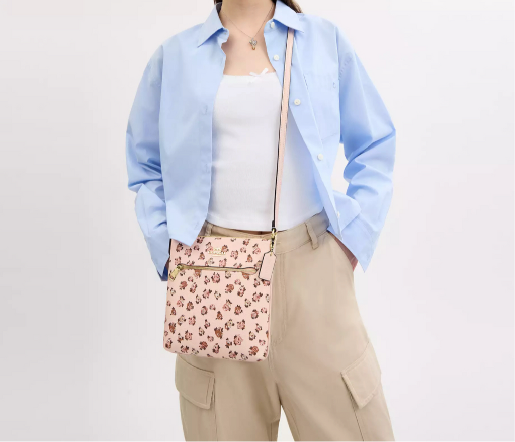 Coach Mini Rowan File Bag With Rose Print In Gold/Blush