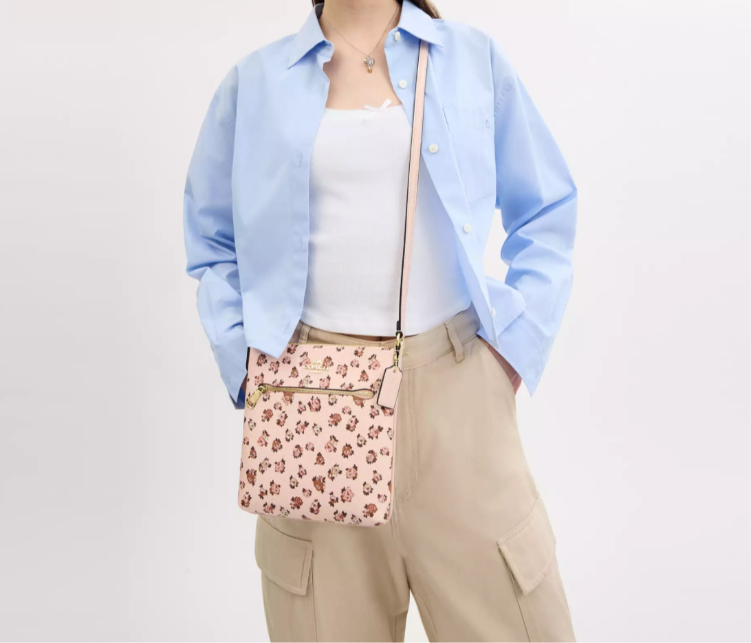 Coach Mini Rowan File Bag With Rose Print In Gold/Blush