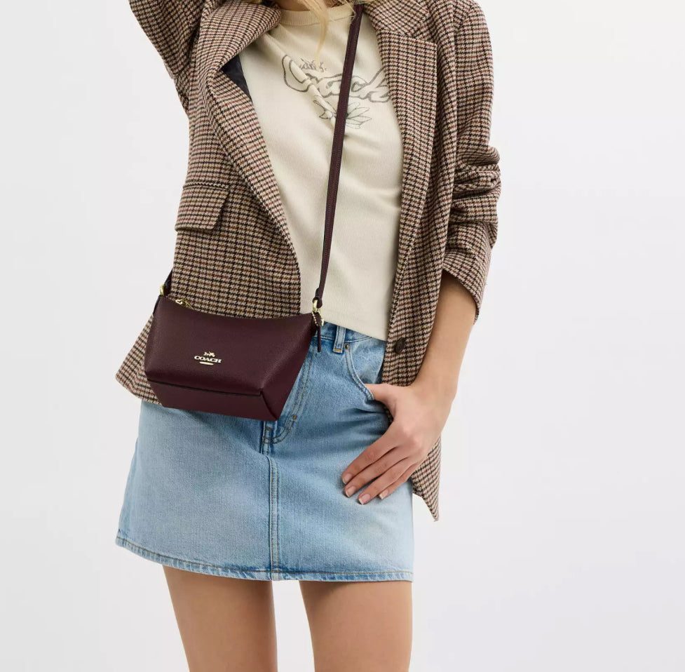 Coach Small Zip Top Leather Crossbody Bag In Gold/Merlot