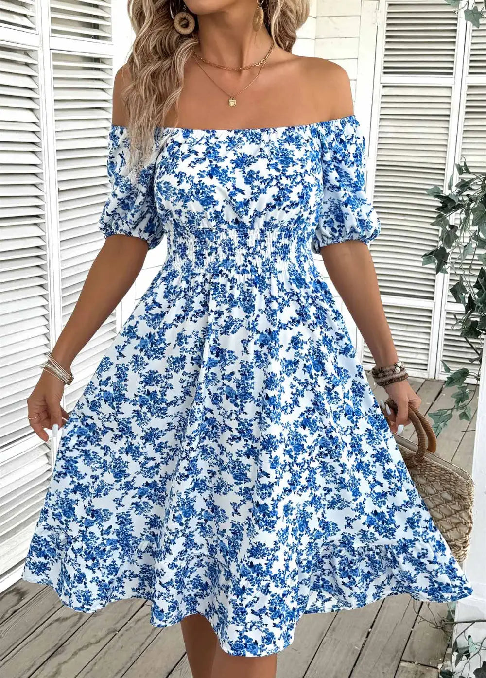 Blue Ditsy Floral Print Short Sleeve Off Shoulder Dress