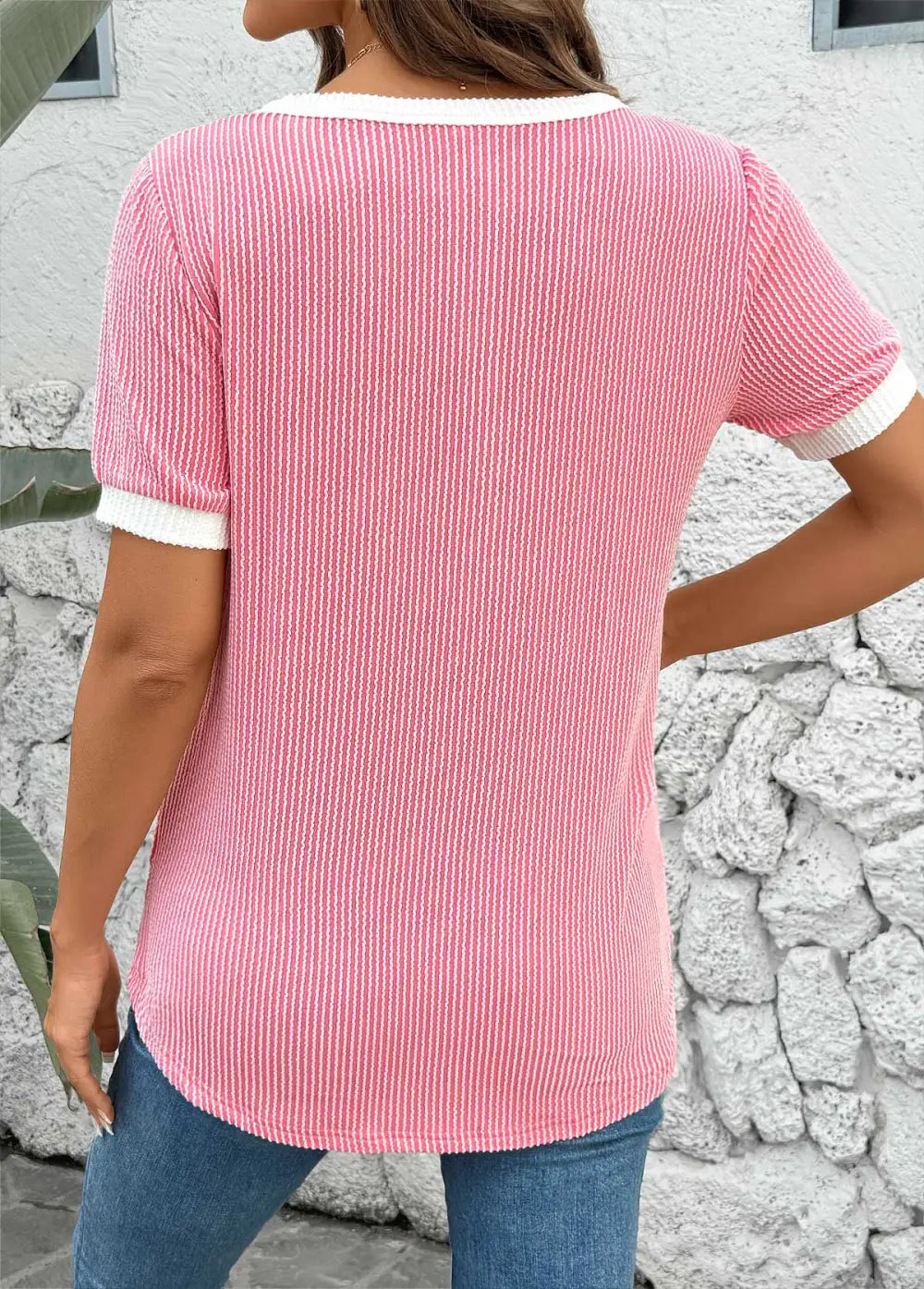 Pink Short Sleeve Split Neck T Shirt