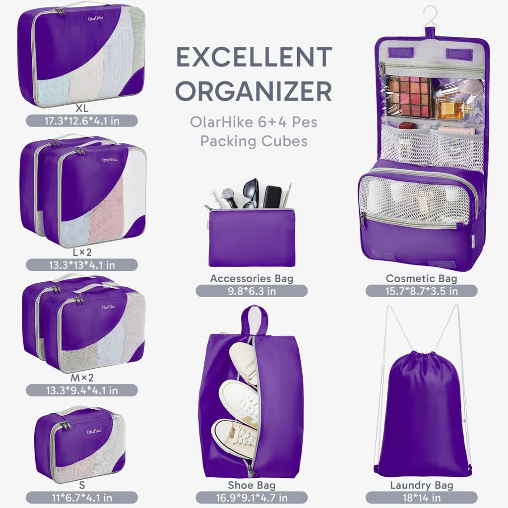 10 Set/8 Set Packing Cubes for Travel, Gifts for Women Mom,Anti-Tearing Suitcase Organizer for Luggage with Shoe & Hanging Toiletry Bag,OlarHike Vacation Essentials & Accessories for Cruise Ship,Cream