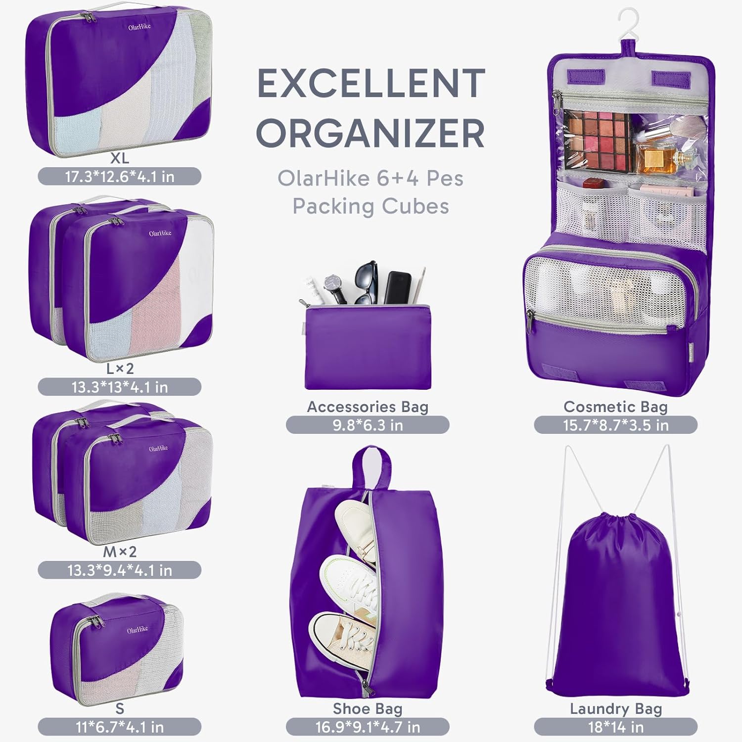 10 Set/8 Set Packing Cubes for Travel, Gifts for Women Mom,Anti-Tearing Suitcase Organizer for Luggage with Shoe & Hanging Toiletry Bag,OlarHike Vacation Essentials & Accessories for Cruise Ship,Cream