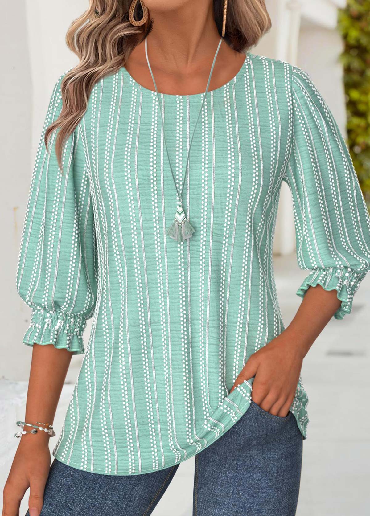 Light Green 3/4 Sleeve Round Neck Blouse
