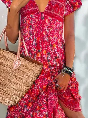 V Neck Casual Floral Printed Short Sleeve Woven Dress