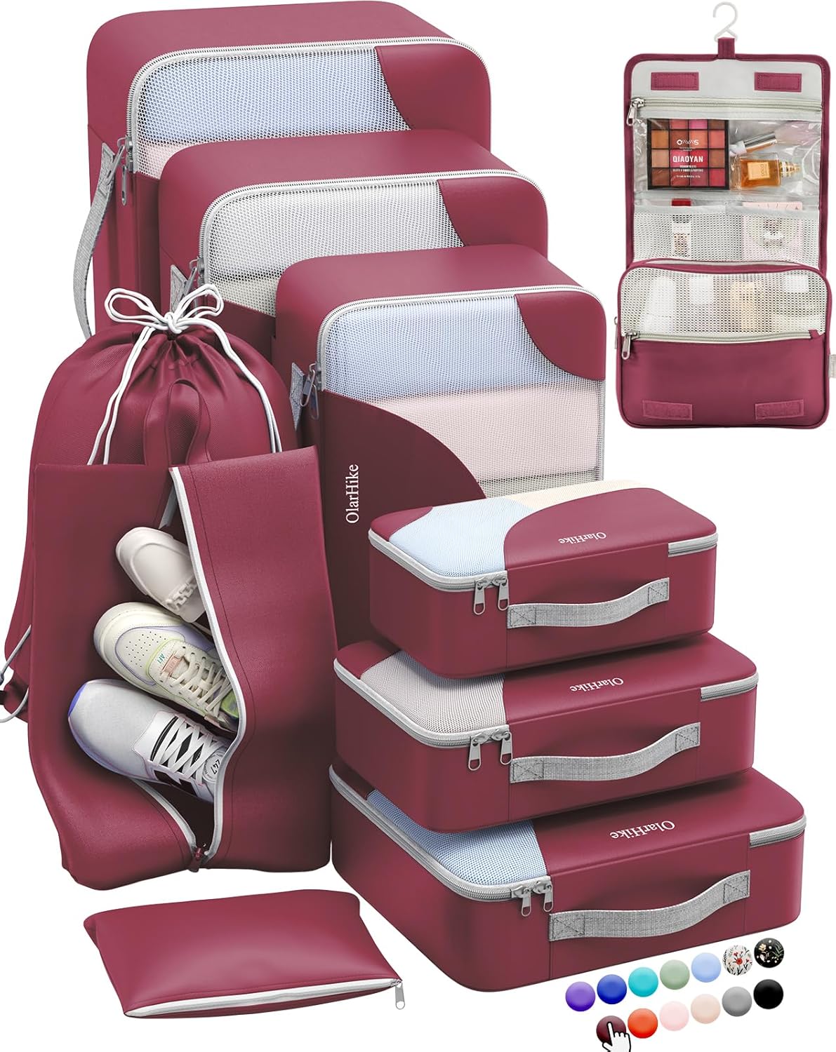 10 Set/8 Set Packing Cubes for Travel, Gifts for Women Mom,Anti-Tearing Suitcase Organizer for Luggage with Shoe & Hanging Toiletry Bag,OlarHike Vacation Essentials & Accessories for Cruise Ship,Cream