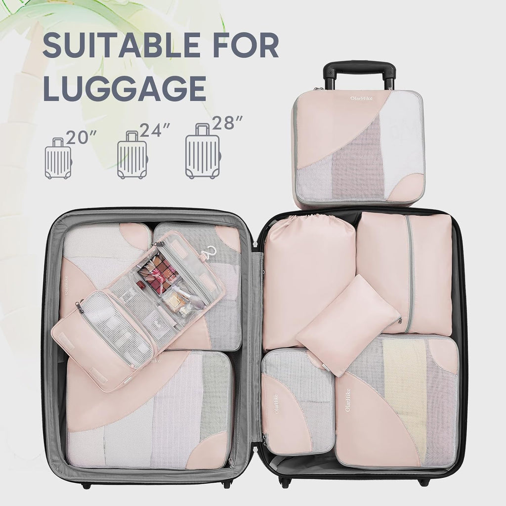 10 Set/8 Set Packing Cubes for Travel, Gifts for Women Mom,Anti-Tearing Suitcase Organizer for Luggage with Shoe & Hanging Toiletry Bag,OlarHike Vacation Essentials & Accessories for Cruise Ship,Cream
