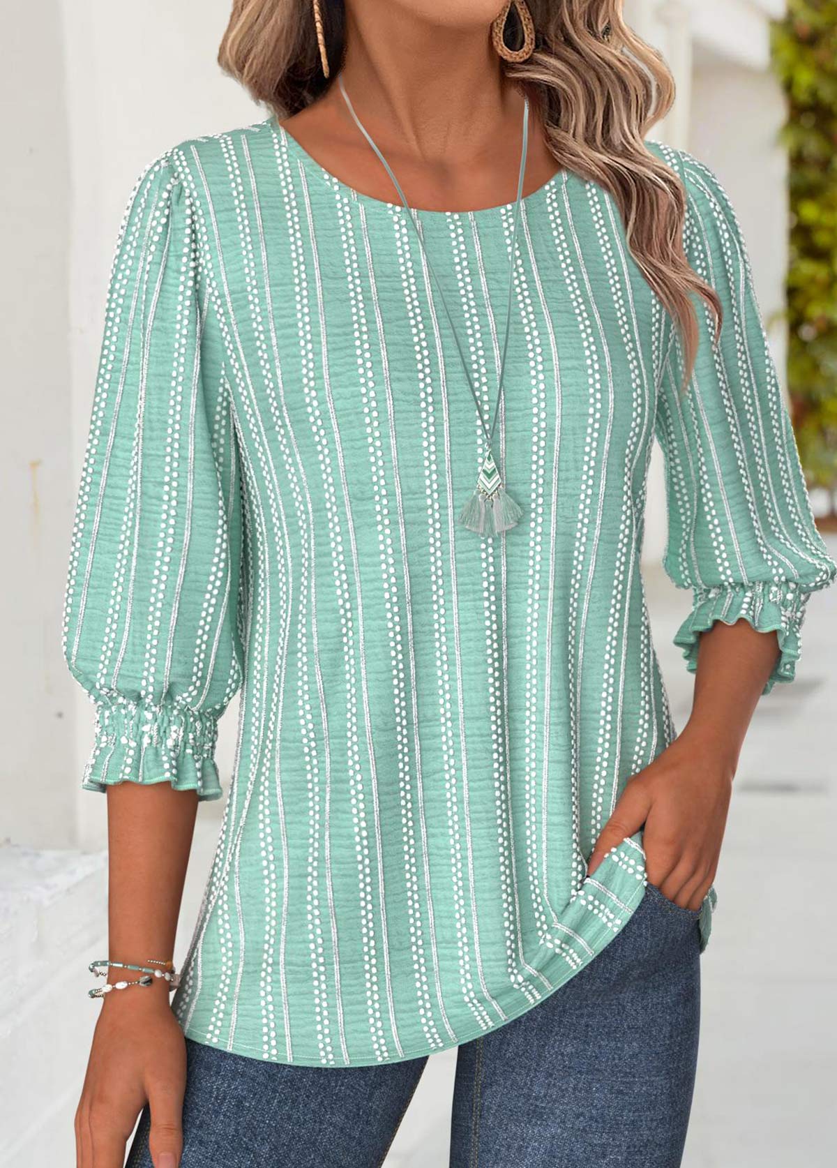 Light Green 3/4 Sleeve Round Neck Blouse